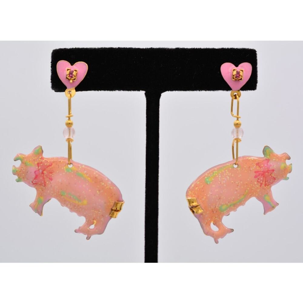 Lunch At The Ritz Vintage Pig Snack Earrings Dangle Pierced 1980s Signed CARD